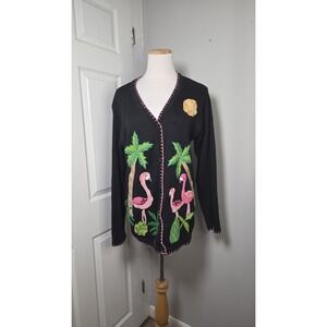 Quacker Factory Black Cardigan Pink Flamigo Palm Tree Medium
